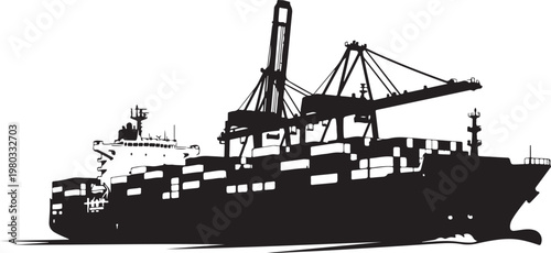 Cargo Ship, Container Vessel, Black Silhouette, Vector Illustration, Industrial Transport