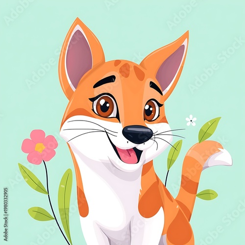 Adorable Cartoon Cat with Flowers.