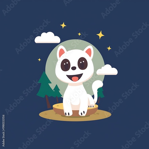 Cartoon White Cat Sitting on Tree Stump.