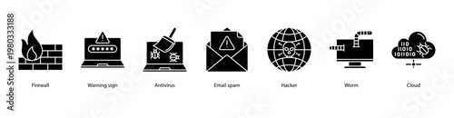 Network Defense web banner icon vector illustration featuring Firewall, Warning Sign, Antivirus, E-mail Spam, Hacker, Worm, and Cloud.