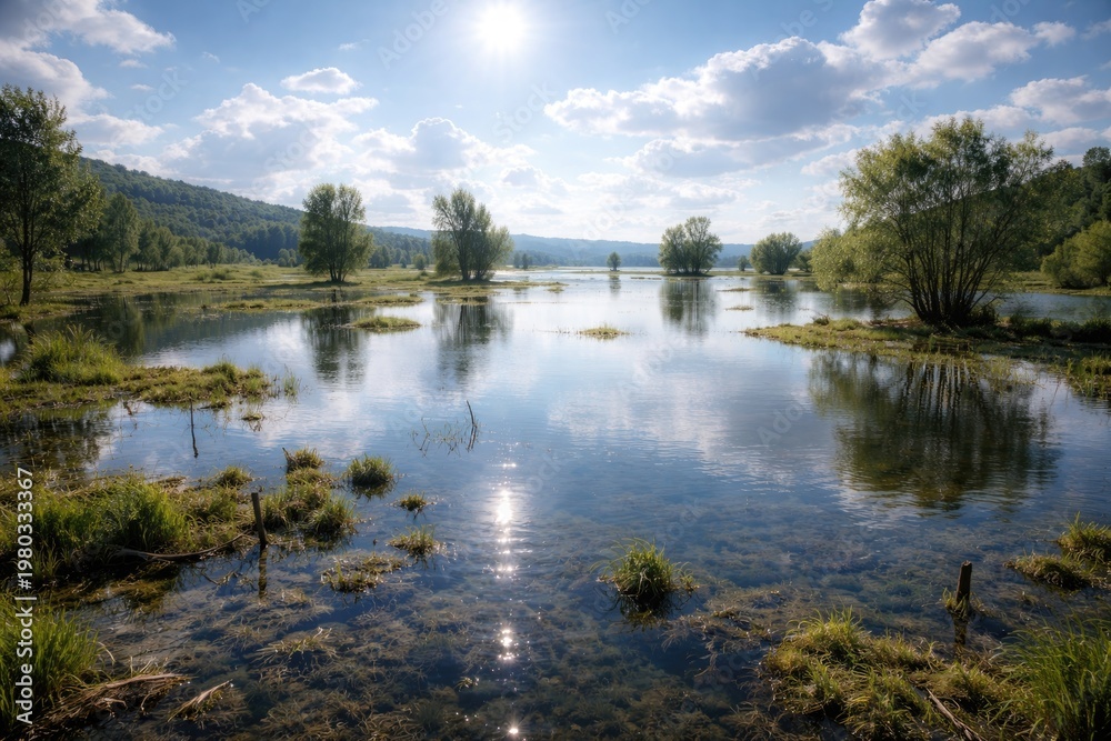 Obraz premium Empty flooded terrain with reflective water under bright daylight