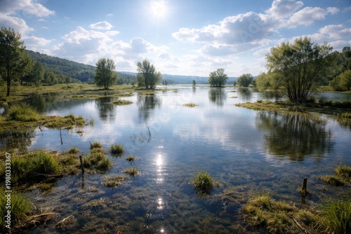 Empty flooded terrain with reflective water under bright daylight