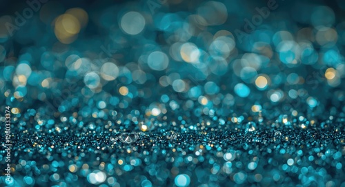 Sapphire tone bokeh backdrop glittering with teal and gold sparkles and crystal embellishments