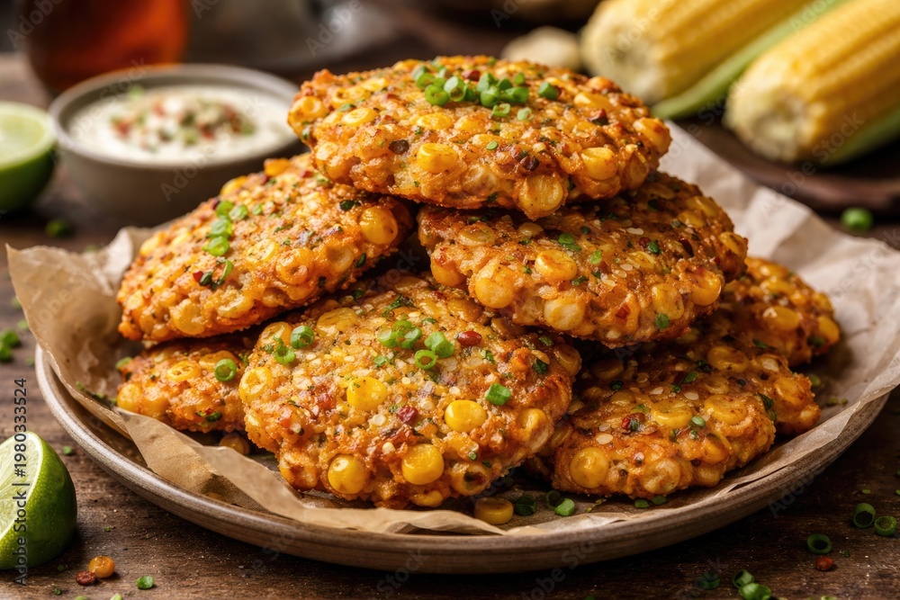 Fototapeta premium Crispy Homemade Corn Fritters Served on a Wooden Plate