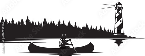 Black silhouette canoe, lighthouse, and forest, vector illustration, outdoor adventure icons