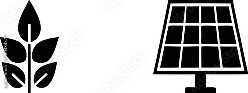 A black and white illustration of a solar panel and a plant symbolizing renewable energy and sustainability