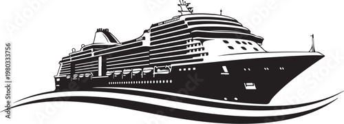 Cruise ship, ocean liner, black and white, vector illustration, travel, transportation, nautical