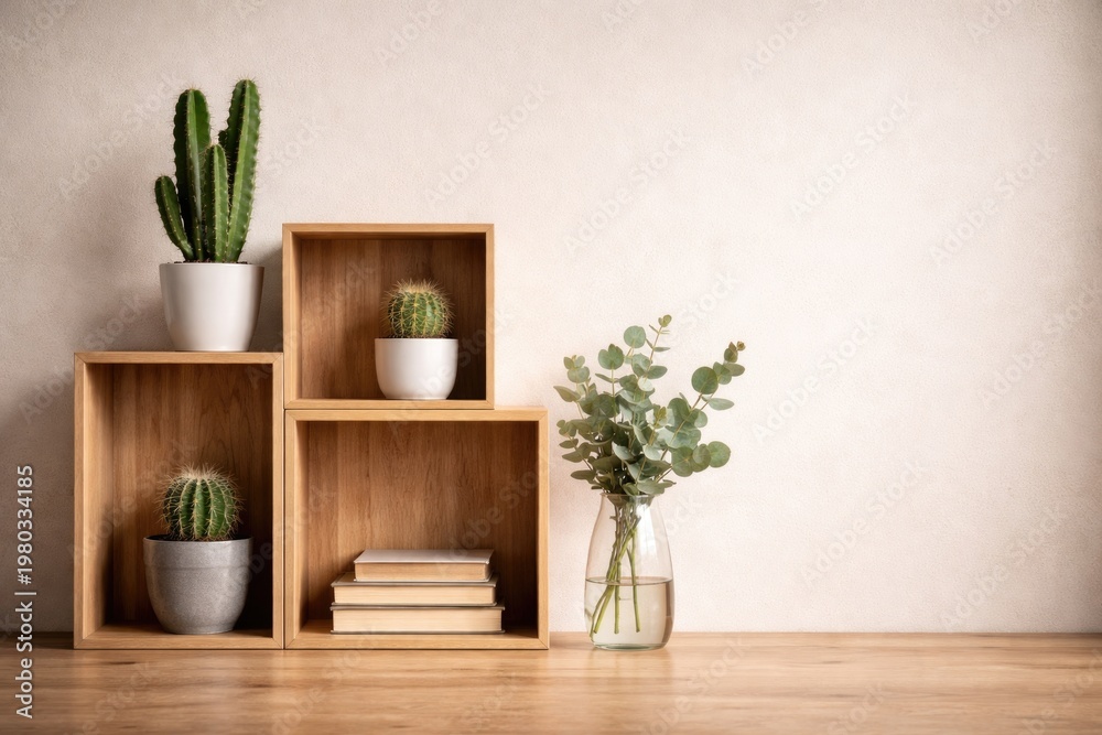 Obraz premium Wooden cube shelves with cactus and glass vase studio background featuring copy space