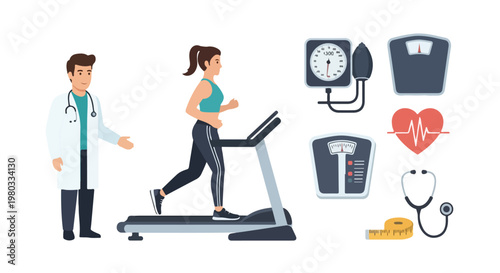 A doctor observes a woman running on a treadmill alongside medical icons like a scale, stethoscope, and heart rate monitor for health assessment.