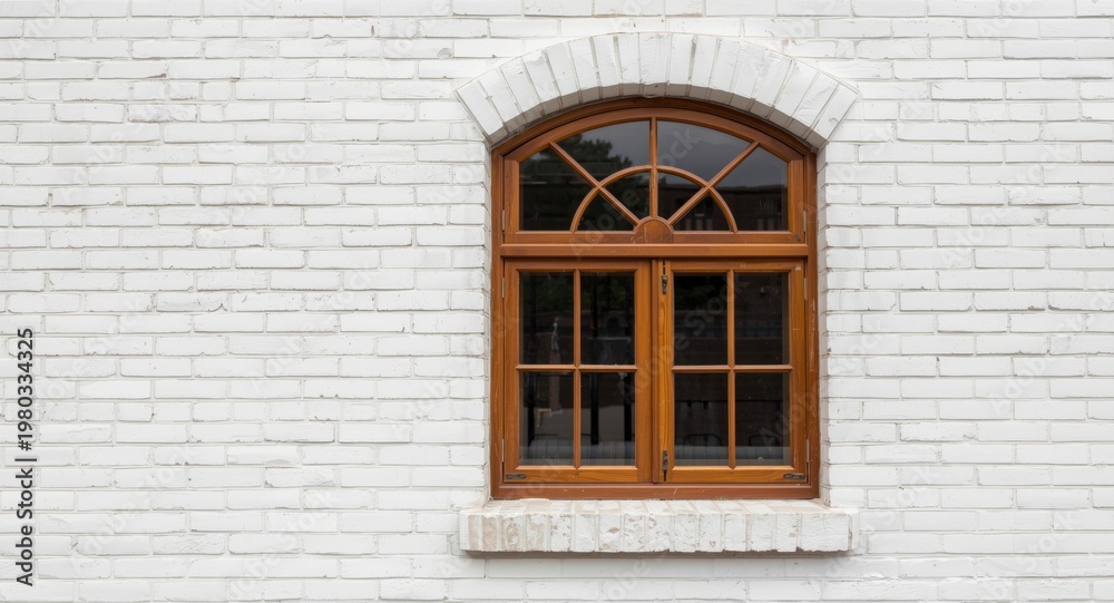 Fototapeta premium White brick wall showcasing a classic wooden arched window with clear glass and refined elegance