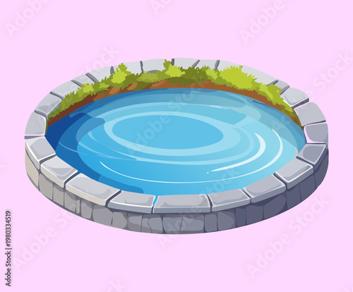 Natural pond basin isometric design, water landscape element, terrain feature for game environmental design and project layout
