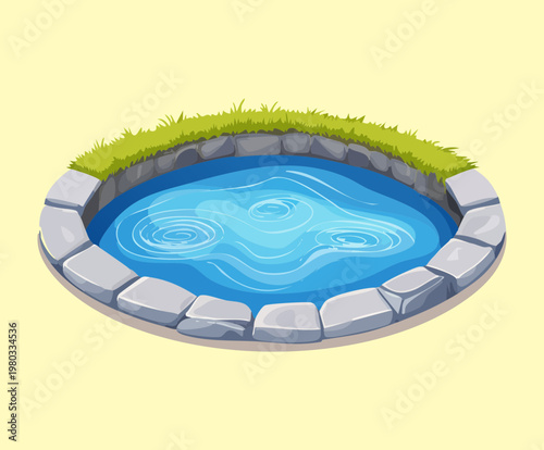 Natural pond basin isometric design, water landscape element, terrain feature for game environmental design and project layout
