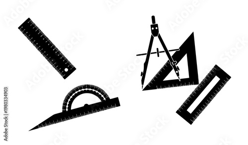 Stylized engineering drafting tool silhouettes with ruler compass protractor and set square in dynamic layout vector