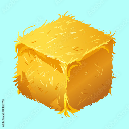 Large golden straw bale in an isometric perspective for rustic farm decoration and agricultural harvest theme projects in a rural setting