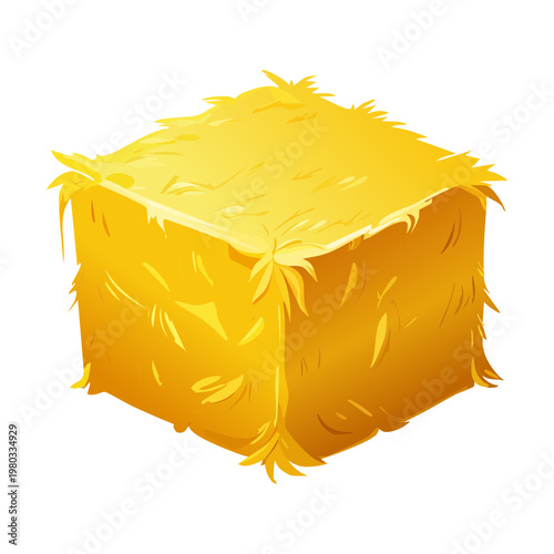 Square hay bale made of golden dried grass for agricultural storage and farm animal bedding during the late summer harvest season