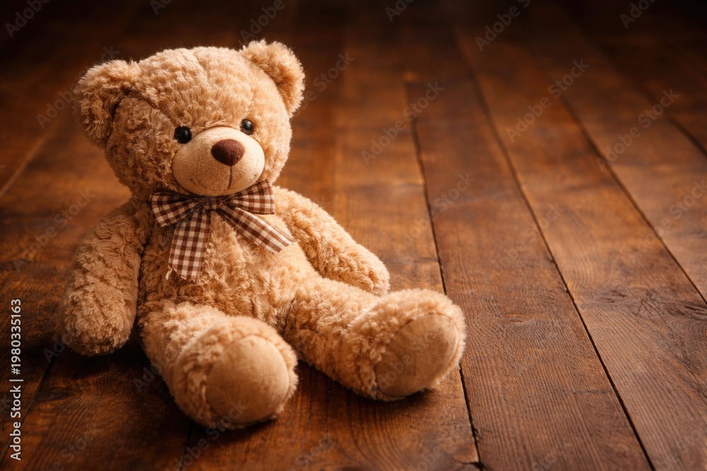 Obraz premium Cute teddy bear resting on wooden floor with ample copy space