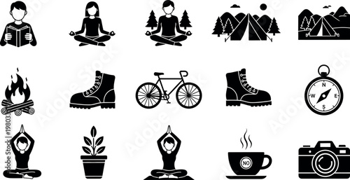 A collection of black and white icons depicting various outdoor and wellness activities on a clean white background