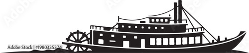 Steamboat, paddle steamer, riverboat, black silhouette, vector illustration