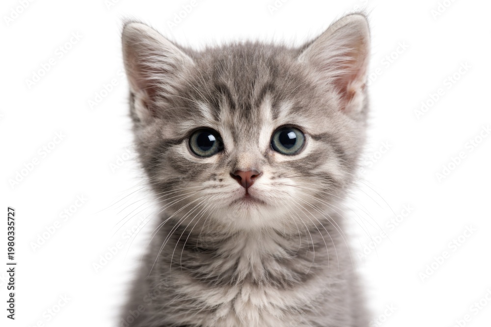 Fototapeta premium Close up portrait of a small gray kitten with bright eyes on a plain white background