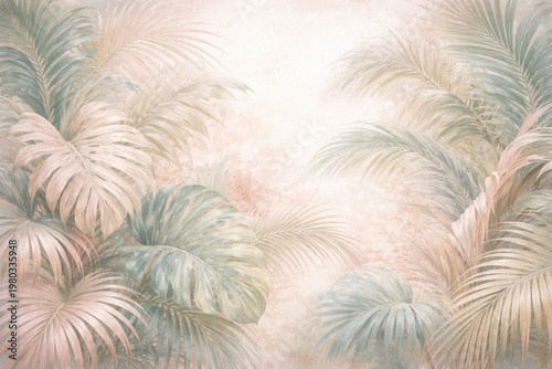 Mural design showcasing artistic palm leaves with a light pastel palette perfect for wallpaper