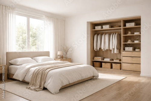 Minimalist empty bedroom interior with open closet space and natural light