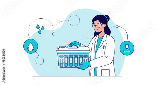 Female scientist in lab coat conducts experiment with test tubes in basket, water drops