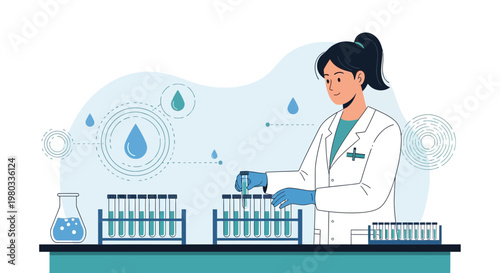 Female scientist conducting experiment with test tubes in laboratory, water research concept
