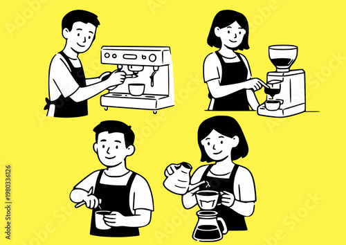 Doodle style flat vector illustration depicting a barista making coffee.