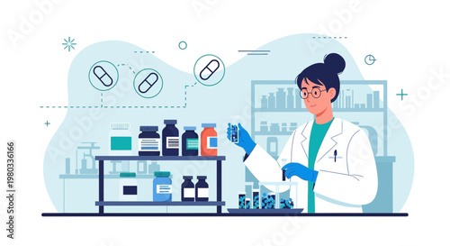 Pharmacist in Lab Coat Arranging Medications in Pharmacy