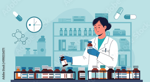 Pharmacist or scientist in lab coat holding medicine bottles in pharmacy or lab