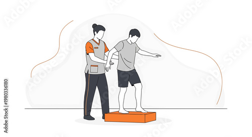 Physical therapist assisting patient with balance exercise on a step, rehabilitation concept