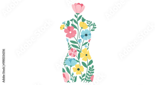 A feminine silhouette composed of vibrant, colorful flowers and green leaves, symbolizing natural beauty and femininity