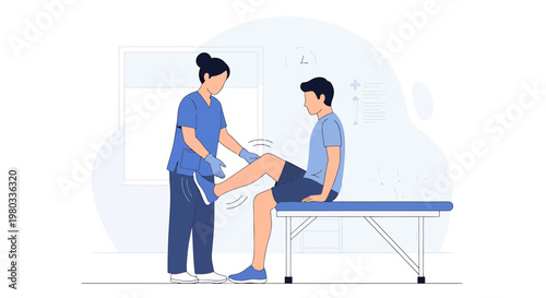 Physical therapist examining patient's knee during physiotherapy session in clinic