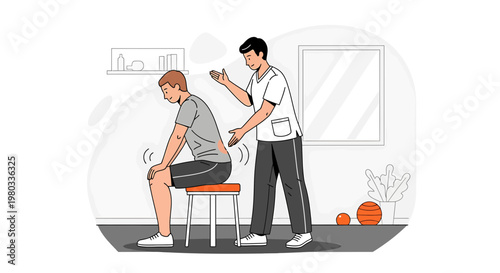 Physical therapist examining patient's knee and back pain, rehabilitation concept