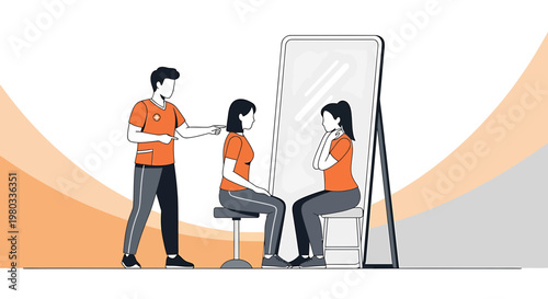 Physical therapist guides patient on posture correction in front of mirror, rehabilitation concept