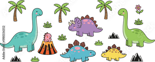 Cartoon vector illustration of dinosaurs with volcano, palm trees, plants, and playful prehistoric scene for kids