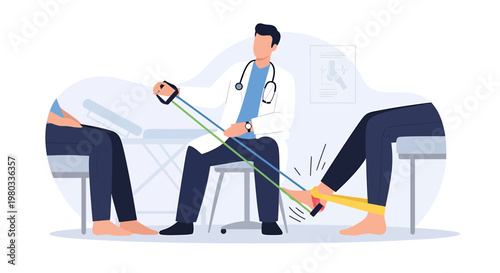 Physical therapist guiding patient through resistance band ankle exercise for rehabilitation