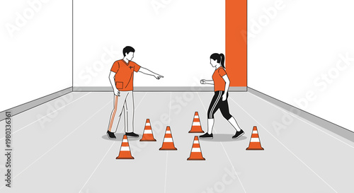 Physical therapist guiding patient through cone agility drill for rehabilitation and balance training