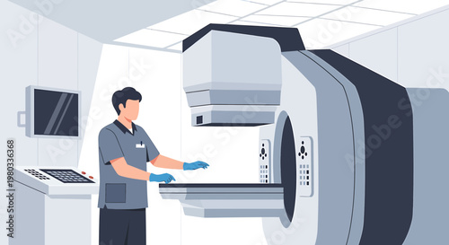 Radiologist operating radiation therapy machine for cancer treatment in hospital oncology department