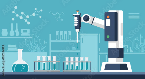 Robotic arm in laboratory performing chemical analysis with test tubes and flasks
