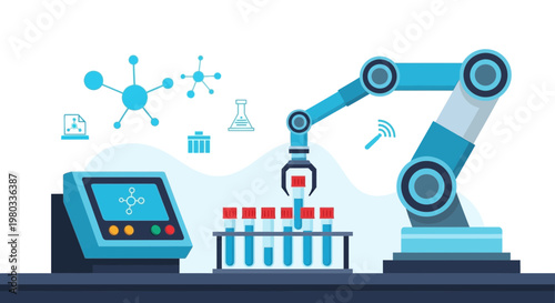 Robotic arm in laboratory, automated science experiment with test tubes and digital screen