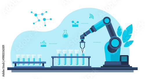 Robotic arm in laboratory with test tubes, science and technology concept