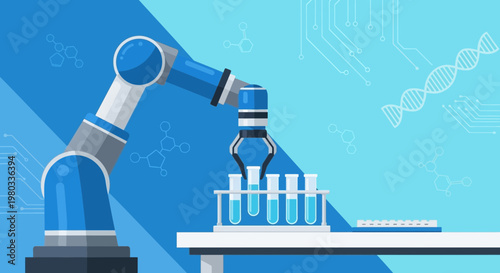 Robotic arm in laboratory, science, technology, automation, research, DNA, molecules