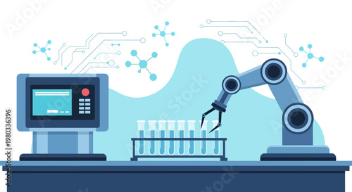 Robotic Arm and Computer in a Modern Laboratory Setting with Test Tubes and Molecular Structures