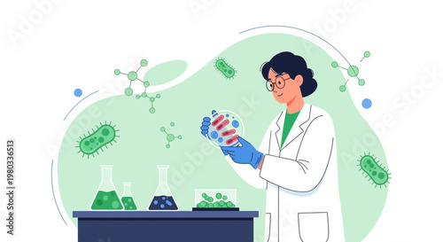 Scientist examining petri dish with bacteria, laboratory research, microbiology, science concept
