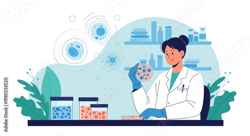 Scientist examining petri dish with cells in laboratory, research and development