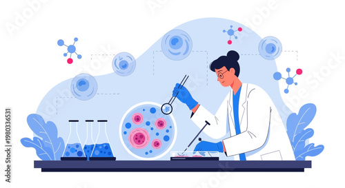 Scientist examining petri dish with cells in laboratory, scientific research and development