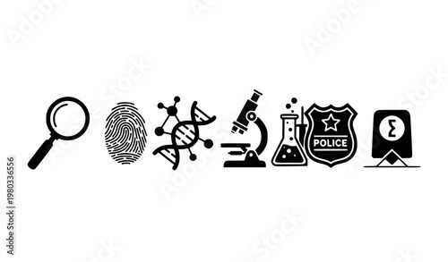 Forensic science icon set with magnifying glass fingerprint dna microscope flask badge and evidence markers isolated vector
