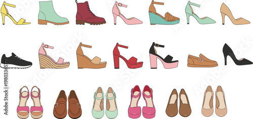 Colorful vector illustration of diverse footwear styles including high heels, boots, sneakers, sandals, wedges, and loafers