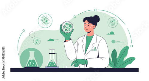 Scientist examining petri dish with microorganisms, laboratory research and development concept